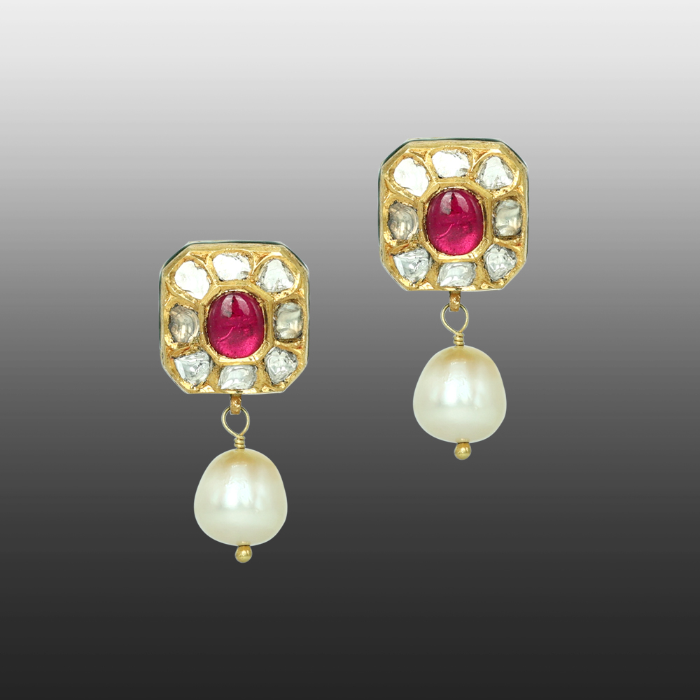 Multi-Strand Pearl Choker Set with Navaratna Motif and Drops